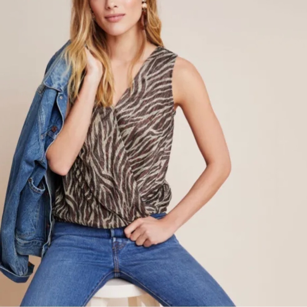NWT Anthropologie Eri + Ali Kasi Shimmer Faux Wrap Zebra Print Sleeveless Top